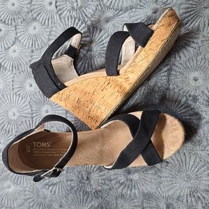 Tom's Black and Tan Canvas Wedge Sandals